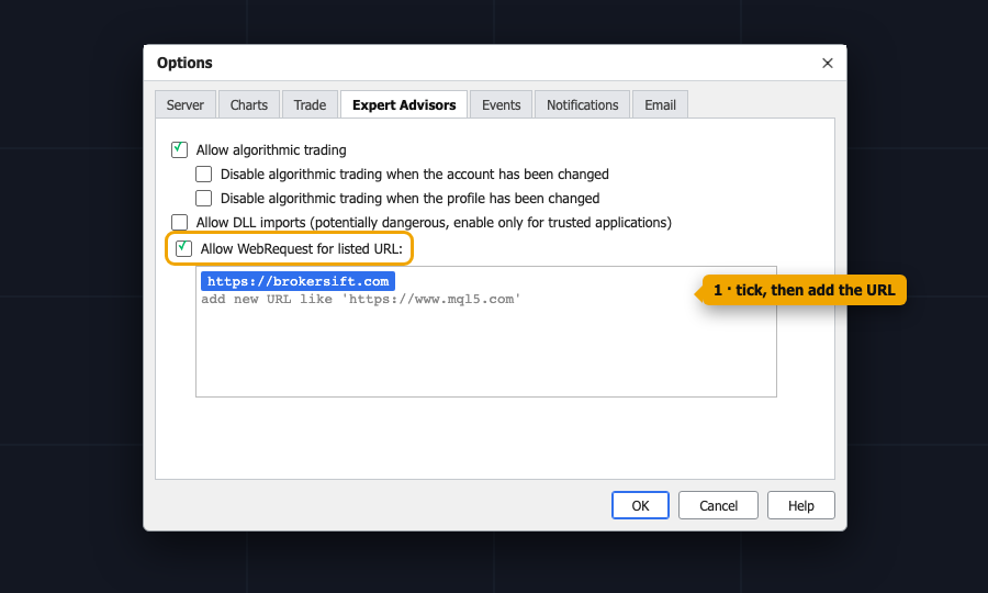 MetaTrader Options window, Expert Advisors tab, with Allow WebRequest ticked and https://brokersift.com and https://hub.brokersift.com added to the list