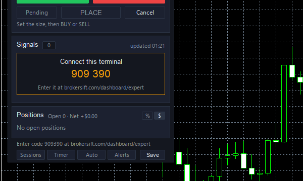 BrokerSift Expert Signals tab showing the six-digit code that connects the terminal to the dashboard